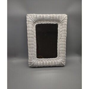 Vintage 1970s White Wicker Wall Mirror Cottage Retro, Rectangular 16" x 12"